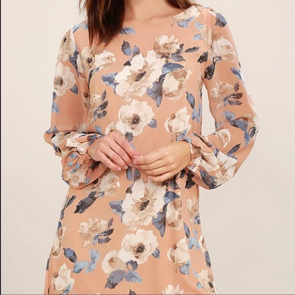Lulus Blush Chiffon Floral Long Sleeve Shift Mini Dress Medium - Picture 11 of 12